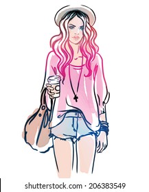 Urban street style: Pretty hipster girl with pink hair holding coffee cup portrait isolated on white background, sketchy style fashion vector illustration 