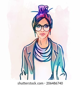 Urban street style: Pretty hipster girl with pink hair, portrait isolated on white background, sketchy style fashion vector illustration 