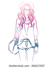 Urban street style: Pretty hipster girl with pink hair holding coffee cup portrait isolated on white background, sketchy style fashion vector illustration 