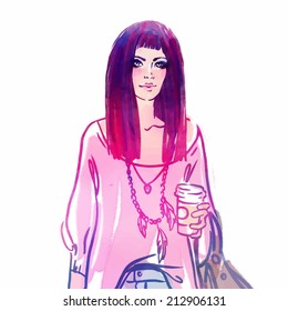 Urban street style: Pretty hipster girl with pink hair holding coffee cup portrait isolated on white background, sketchy style fashion illustration 