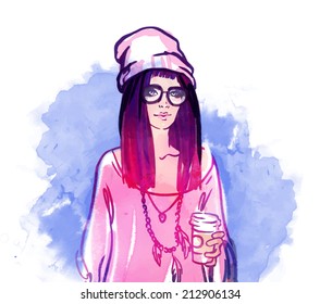 Urban street style: Pretty hipster girl with pink hair holding coffee cup portrait isolated on white background, sketchy style fashion illustration 