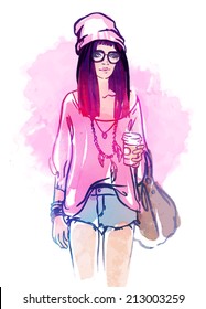 Urban street style: Pretty hipster girl with pink hair holding coffee cup portrait isolated on white background, sketchy style fashion illustration 