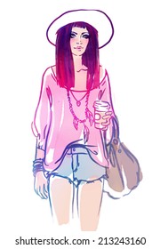 Urban street style: Pretty hipster girl with pink hair holding coffee cup portrait isolated on white background, sketchy style fashion illustration 