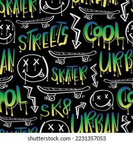 Urban street style, skateboarding concept, emoji and skateboard drawing. Seamless pattern repeating texture background vector design.