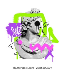 Urban street style vaporwave Ancient Greek statue with graffiti abstract strokes. Anti establishment Hipster graphic vector print for tee - t shirt. Halftone marble bust crossed out