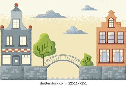 Urban street textured scene with vintage bridge and old buildings