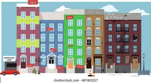 Urban street view with renovated condo developments supersede old deteriorated neighbourhood in a process of gentrification, EPS 8 vector illustration