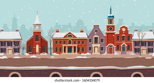 Urban street winter landscape 18th century with residential, government and church colonial buildings with white snow, retro cartoon vector background. Cityscape with pavement, facades, vintage town svg