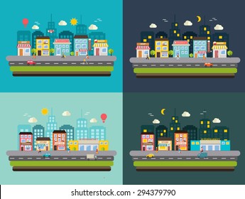 Urban streets at day and at night with shops, stores, transport and shopping people with shopping bags, vector illustration