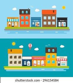 Urban streets with different shops and stores, including books store, bakery, boutique, coffee shop, restaurant, market, vector illustration