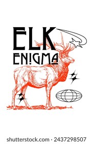 urban streetwear design "elk enigma", y2k stickers, graphic artwork for t shirt, clothing, hoodie