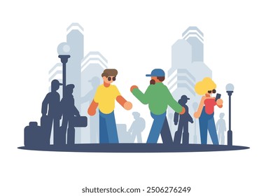 Urban Stroll in City. Vector illustration of people walking among buildings and streetlights in a bustling city.