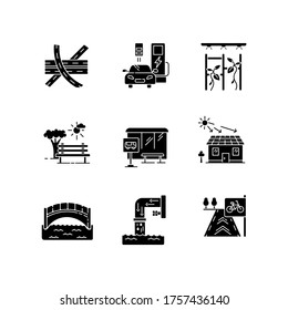 Urban structure black glyph icons set on white space. Road junction. Charge station for transport. Open space. Bus stop for passenger. Drainage pipe. Silhouette symbols. Vector isolated illustration