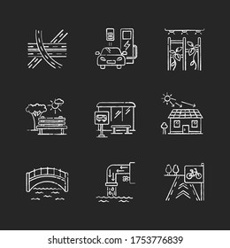 Urban structure chalk white icons set on black background. Road junction. Charge station for transport. Open space. Bus stop for passenger. Drainage pipe. Isolated vector chalkboard illustrations