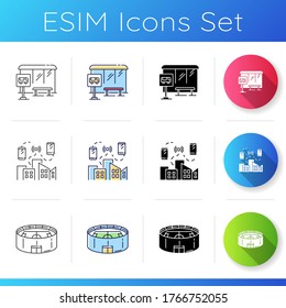 Urban Structure Icons Set. School Bus Stop With Sign. Mobile Network Coverage. Round Stadium For Sport Match. Internet Of Things. Linear, Black And RGB Color Styles. Isolated Vector Illustrations