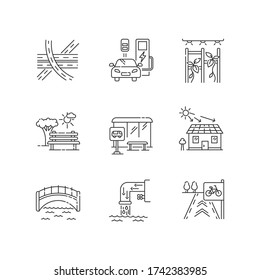 Urban structure pixel perfect linear icons set. Road junction. Charge station for transport. Open space. Customizable thin line contour symbols. Isolated vector outline illustrations. Editable stroke