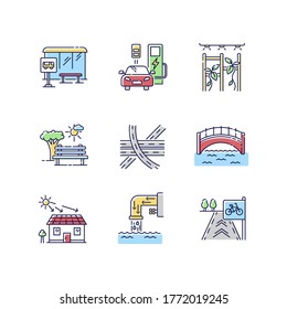 Urban structure RGB color icons set. Road junction. Charge station for transport. Open space. Bus stop for passenger. Drainage pipe. Solar batteries on roof. Isolated vector illustrations