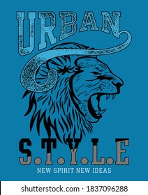 Urban Style with angry male Lion in vector illustration.Clothing,t-shirt,apparel and other uses.Abstract design with the grunge and denim style.Eps10