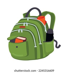 Urban style backpack isolated on white. Bag with three compartments and two pockets. Inside there is book, thermos and  bundle.Vector cartoon clipart.Hand drawn flat illustration for stickers,cards.