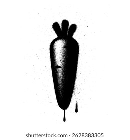 Urban style black and white illustration of a carrot created with spray paint, featuring bold outlines, splatter effects, and paint drips.