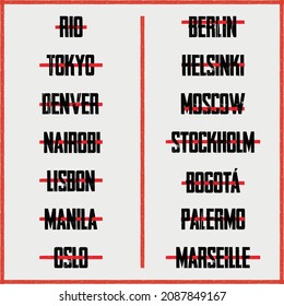 Urban style city names with a red line passing through. Rio, Tokyo, Denver, Nairobi, Lisbon, Manila, Oslo, Berlin, Helsinki, Moscow, Stockholm, Bogota, Palermo, Marseille Vector. T-shirt design.