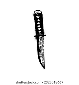  Urban style graffiti knife japanese asian katana sprayed with leak and splashes. Vector hand drawn textured illustration on white background for banner, decoration, tatoo, street art, halloween eps 