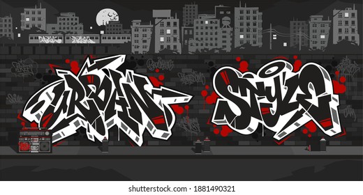 Urban Style Graffiti Wall With Drawings At Night Against The Background Of The Cityscape Vector Illustration