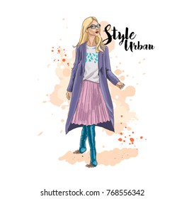 Urban style. Hand drawn sketch. Young stylish woman in the pleated skirt and coat. Vector illustration.
