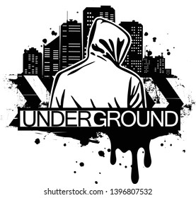 Urban style illustration of man in hoodie behind city silhouette. Street art style. T-shirt print design. 