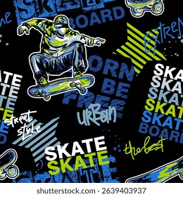 Urban style modern patern design with boy on skateboard. Sport extreme grunge print for guys on black background. Graffiti words and street art 