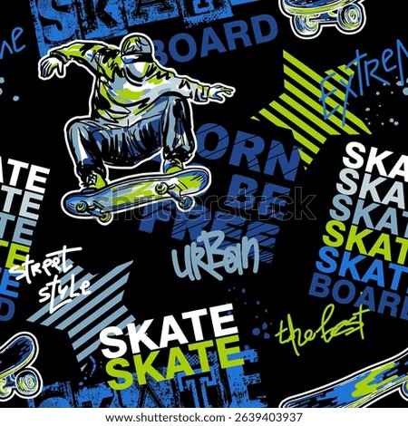 Urban style modern patern design with boy on skateboard. Sport extreme grunge print for guys on black background. Graffiti words and street art 