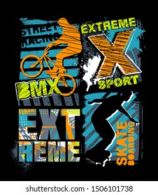 Modernes urbanes T-Shirt mit Junge auf Fahrrad BMX und Skateboards. Sport Extreme Style Illustration für Jungs.