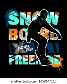 Urban style modern t-shirt with boy on snowboards. Sport extreme style illustraton for guys.