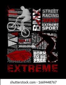 Urban style modern t-shirt  with boy on bicycle BMX and skateboards. Sport extreme style illustraton for guys.