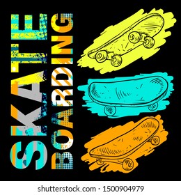 Urban style modern t-shirt with boys and skateboards. Sport extreme style illustraton for guys.