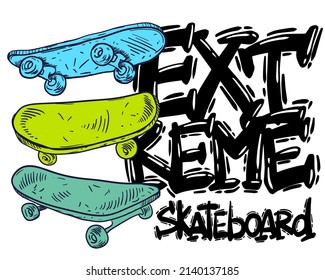 Urban style modern t-shirt with boys and skateboards. Sport extreme style illustraton for guys.