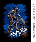 Urban style modern t-shirt  design with boy on bicycle BMX. Sport extreme grunge  illustration for guys on black background. Graffiti words and street art 