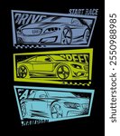 Urban style modern t-shirt  design with sport cars. Sport extreme grunge  illustration for guys on black background. 