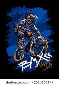 Urban style modern t-shirt  design with boy on bicycle BMX. Sport extreme grunge  illustration for guys on black background. Graffiti words and street art 