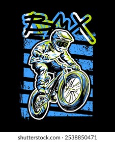 Urban style modern t-shirt  design with boy on bicycle BMX. Sport extreme grunge  illustration for guys on black background. Graffiti words and street art 