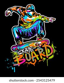 Urban style modern t-shirt  design with boy on skateboard. Sport extreme grunge  illustration for guys on black background. Graffiti words and street art 