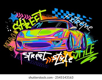 Urban style modern t-shirt  design with sport car. Sport extreme grunge  illustration for guys on black background. Graffiti words and street art 