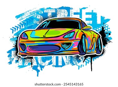 Urban style modern t-shirt  design with sport car. Sport extreme grunge  illustration for guys on white background. Graffiti words and street art 