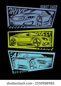 Estilo urbano moderno t-shirt design com carros esporte. Esporte ilustração grunge extremo para caras em fundo preto. 