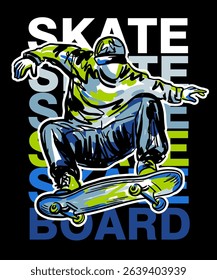 Urban style modern t-shirt  design with boy on skateboard. Sport extreme grunge  illustration for guys on black background. Graffiti words and street art 