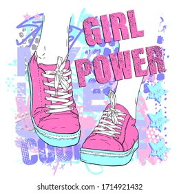 Urban style modern t-shirt with girl in sneakers and graffiti. Grunge style illustraton for teen girl.