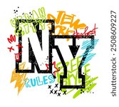 Urban style modern t-shirt with graffiti. Street art style illustraton for guys. New york city words isolated