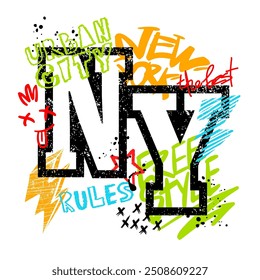 Urban style modern t-shirt with graffiti. Street art style illustraton for guys. New york city words isolated