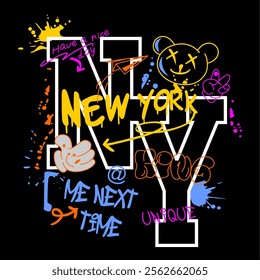 Urban style modern t-shirt with graffiti. Street art style illustration for guys. New York