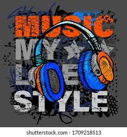 Urban style modern t-shirt with  headphones and graffiti. Grunge style illustraton for guys.